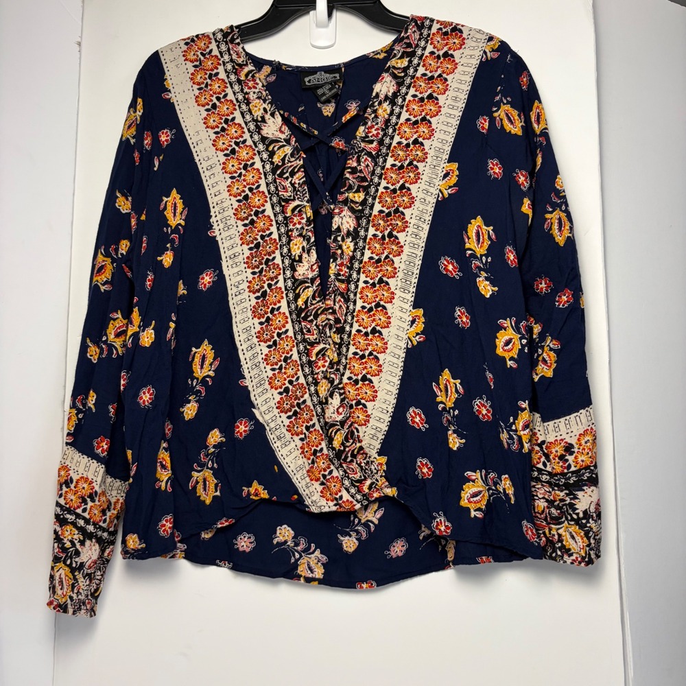 Angie Navy Blue Floral Boho Lace Up Surplice Wrap Blouse Long Sleeve Small